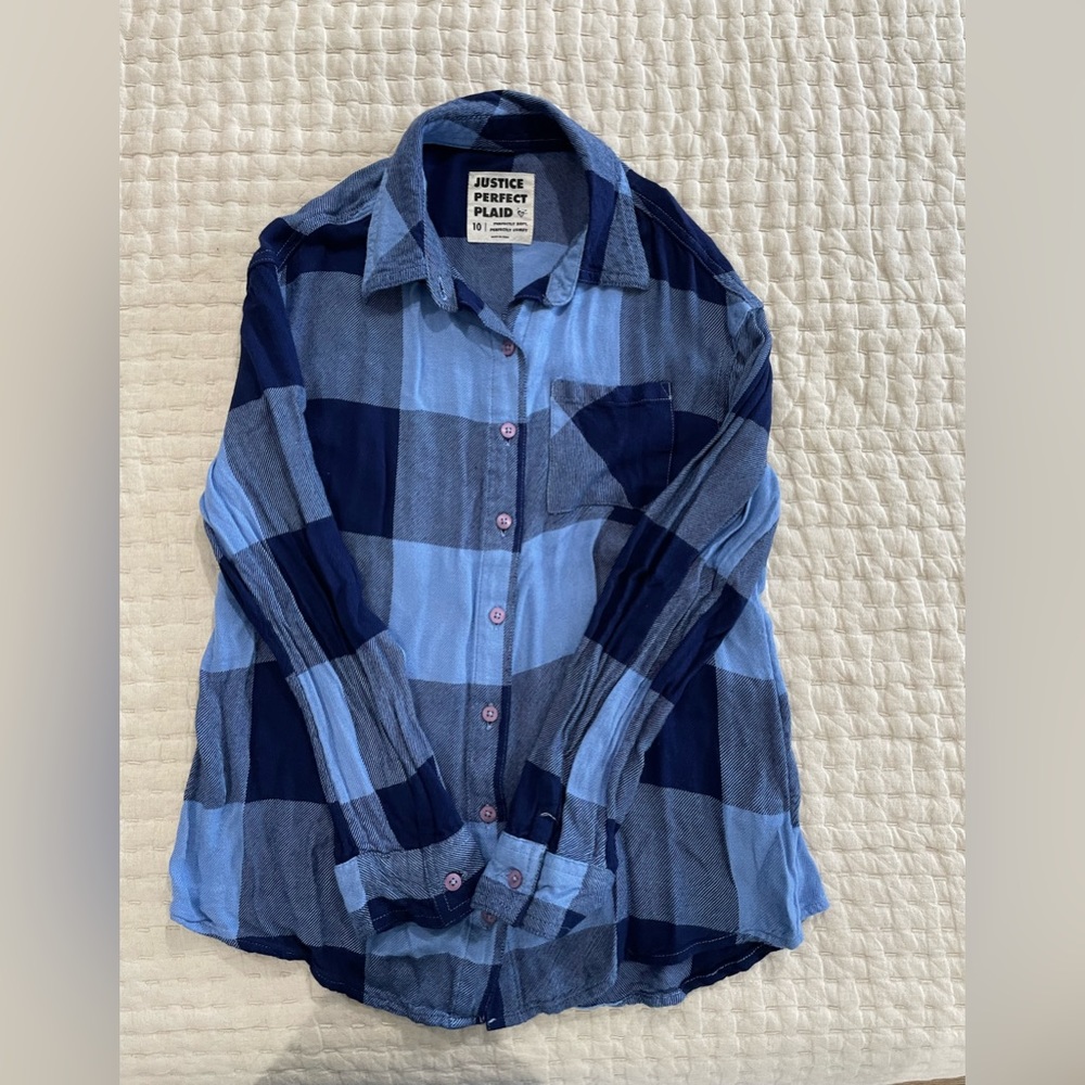Justice Perfect Plaid button down girls shirt, size 10, color blue